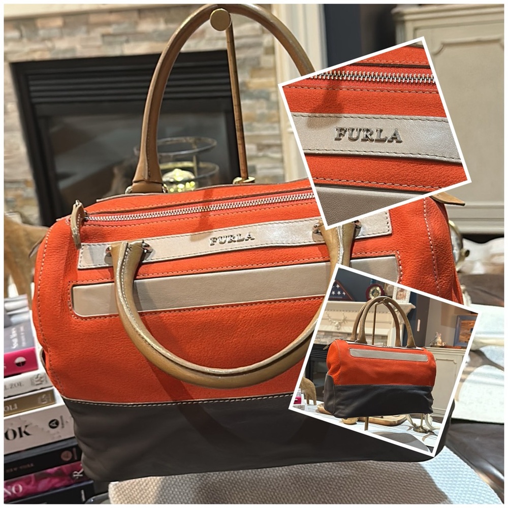 Authentic Furla Laila Bauletto Medium Satchel in Orange & Expresso Brown, EUC